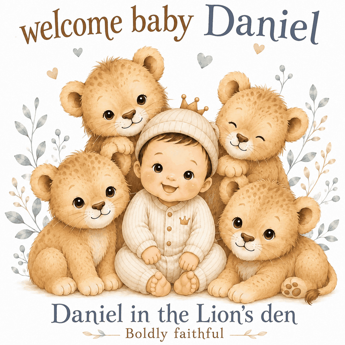 Illustration of baby Daniel surrounded by four lion cubs